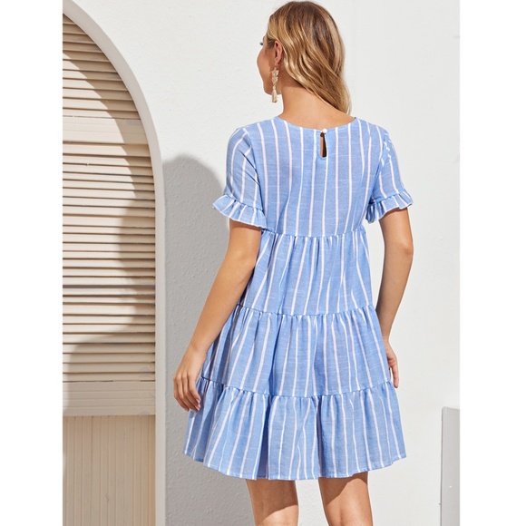 Blue Striped Flared Short Summer Dress - Picture 4 of 7